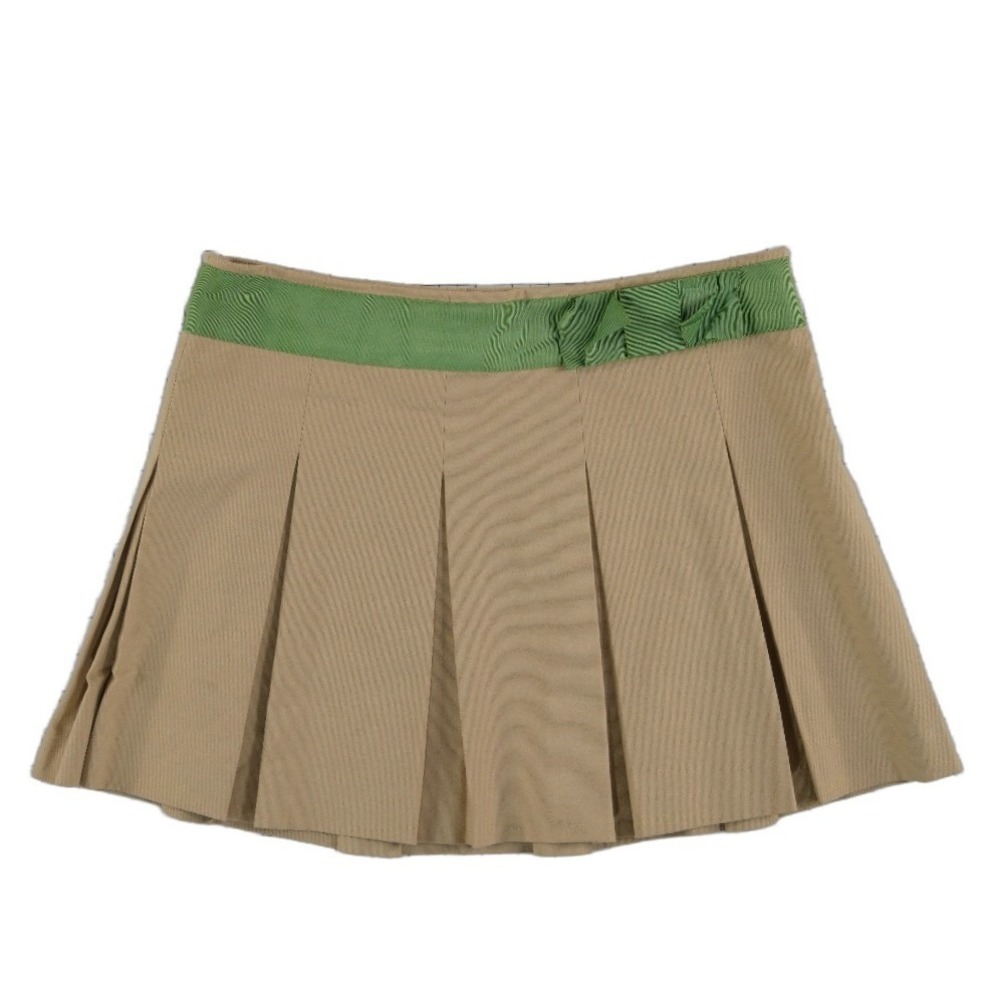 Theory Mini Skirt Womens Size 10 Tan Green Pleated Grosgrain Bow USA Vintage Y2K